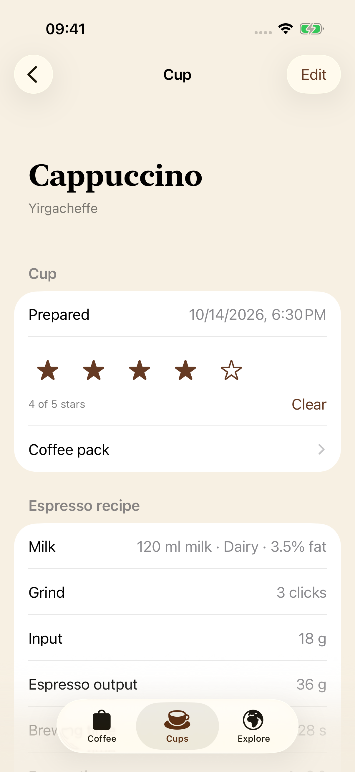 A saved cappuccino in Tasse, with its rating, milk, grind setting, dose, and espresso output